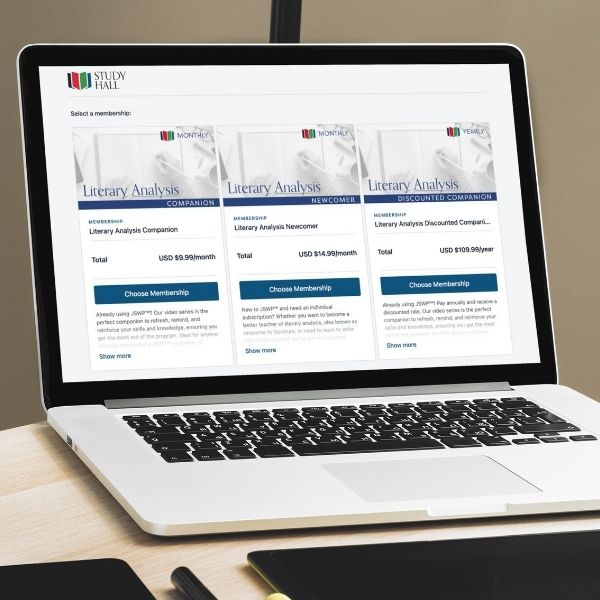 Laptop displaying JSWP™ Study Hall membership options for Literary Analysis training, with monthly and yearly subscription plans visible on screen, representing flexible online professional development for educators.